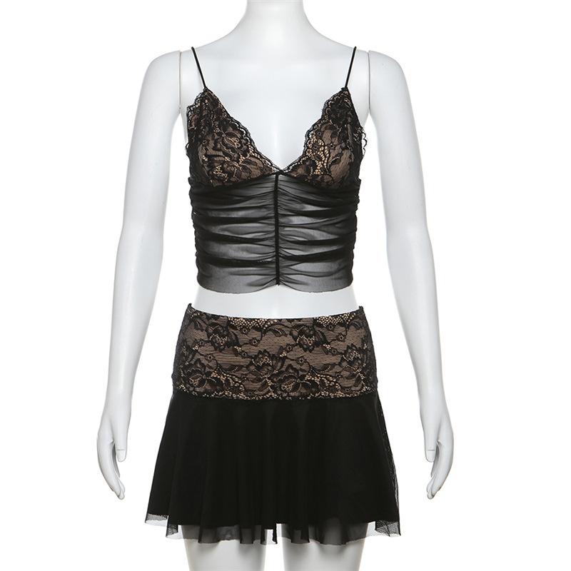 acelimosf™-Lace v neck ruched mesh patchwork cami mini skirt set