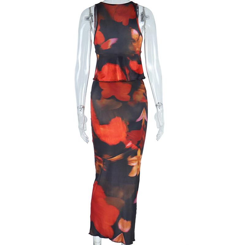 acelimosf™-Deep v neck ruffle print self tie tank midi skirt set