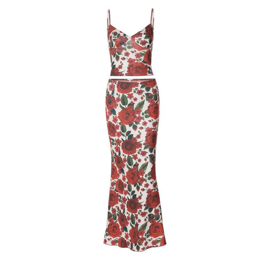 acelimosf™-V neck backless flower print cami maxi skirt set