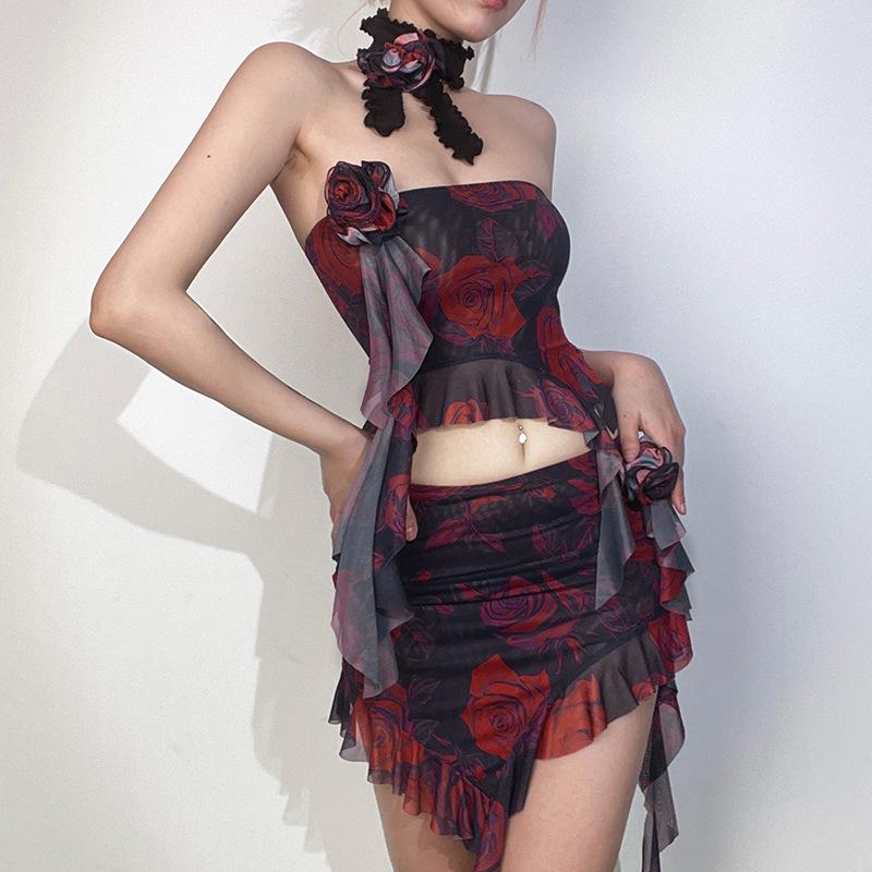 acelimosf™-Sheer mesh see through ruffle flower applique contrast print tube mini skirt set goth Alternative Darkwave Fashion goth Emo Darkwave Fashion