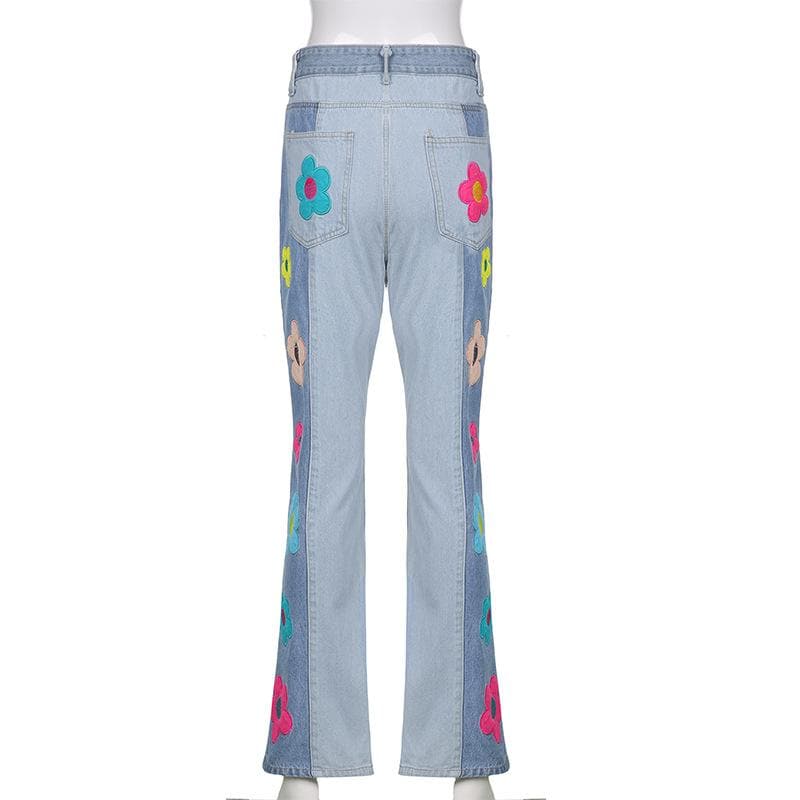 acelimosf™-Flower embroidery patchwork contrast medium rise flared jeans y2k 90s Revival Techno Fashion