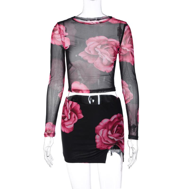 acelimosf™-Mesh see through flower print long sleeve slit mini skirt set