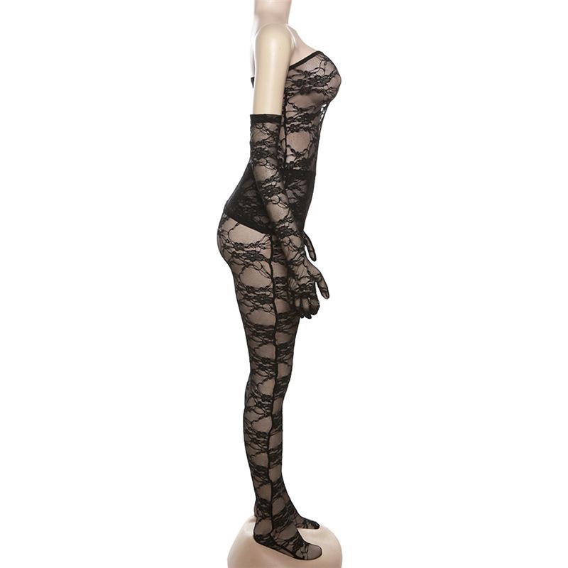 acelimosf™-Lace see through gloves solid backless tube pant set