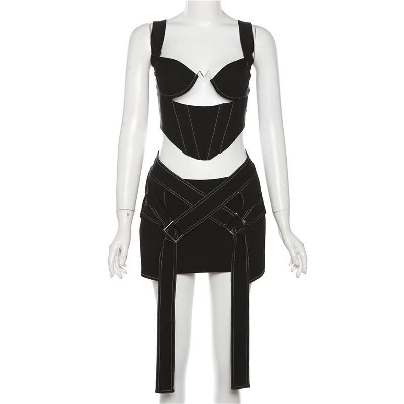 acelimosf™-Hollow out stitch cross front zip-up cami mini skirt set