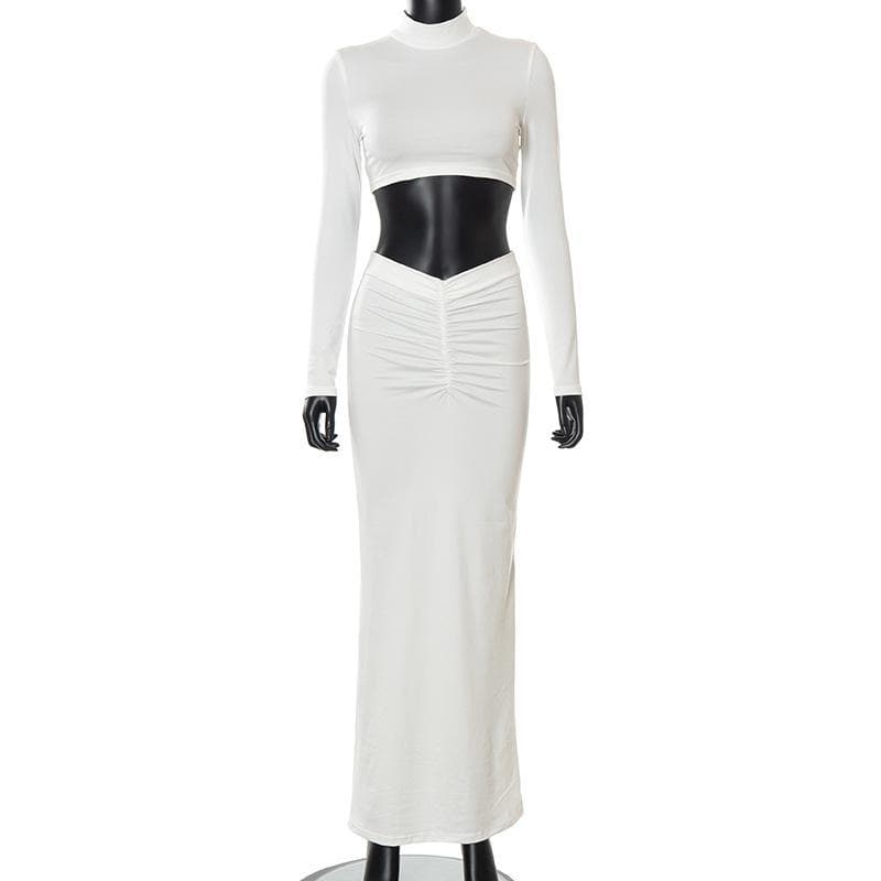 acelimosf™-High neck long sleeve ruched solid maxi skirt set y2k 90s Revival Techno Fashion