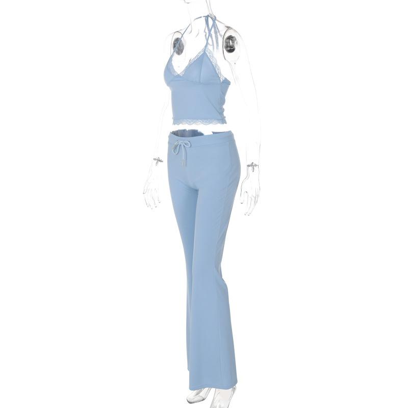 acelimosf™-Halter v neck drawstring ruched lace hem pant set