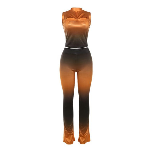 acelimosf™-Sleeveless gradient crewneck ruched hollow out pant set