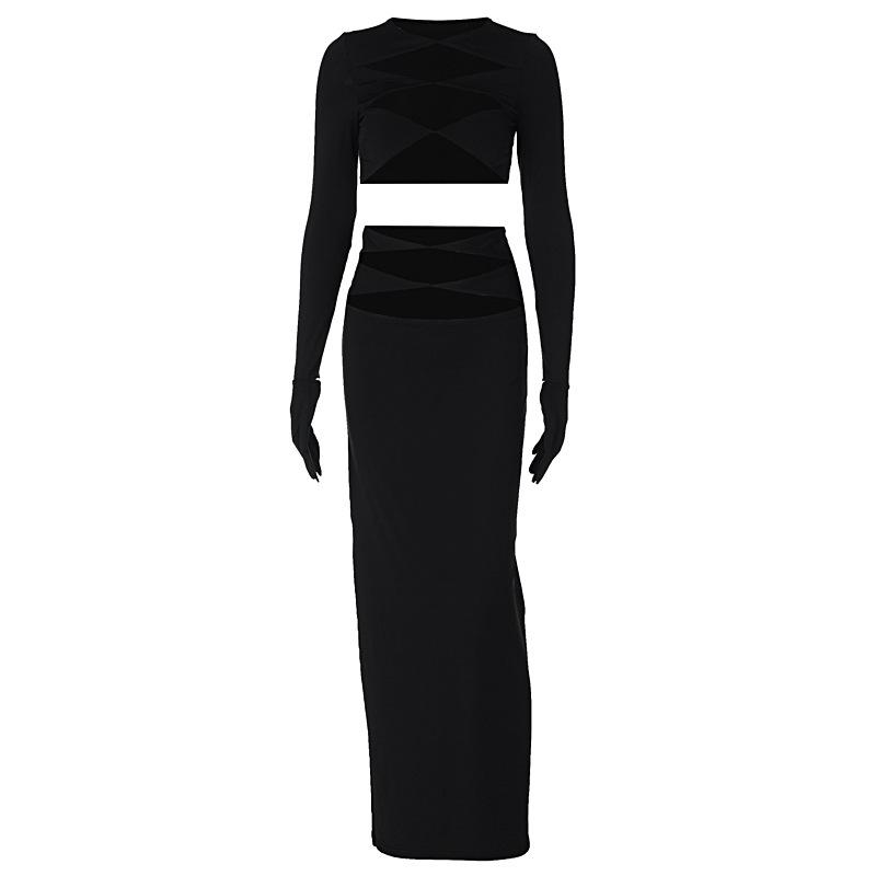 acelimosf™-Long sleeve crewneck gloves hollow out solid maxi skirt set