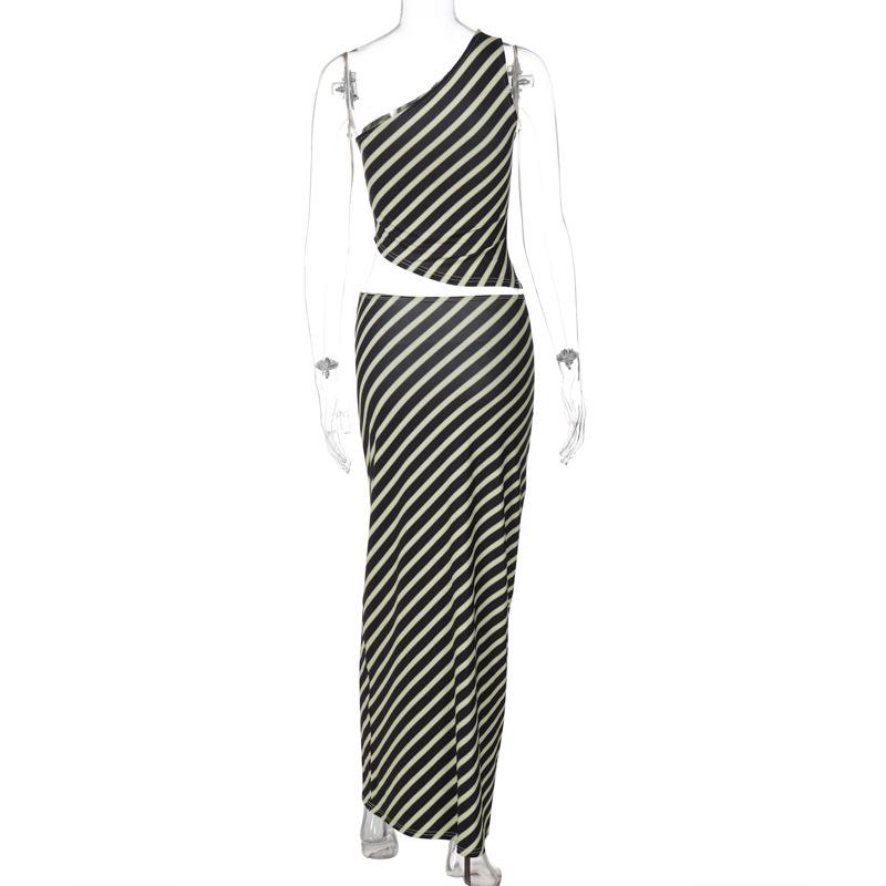 acelimosf™-Sleeveless one shoulder striped irregular maxi skirt set