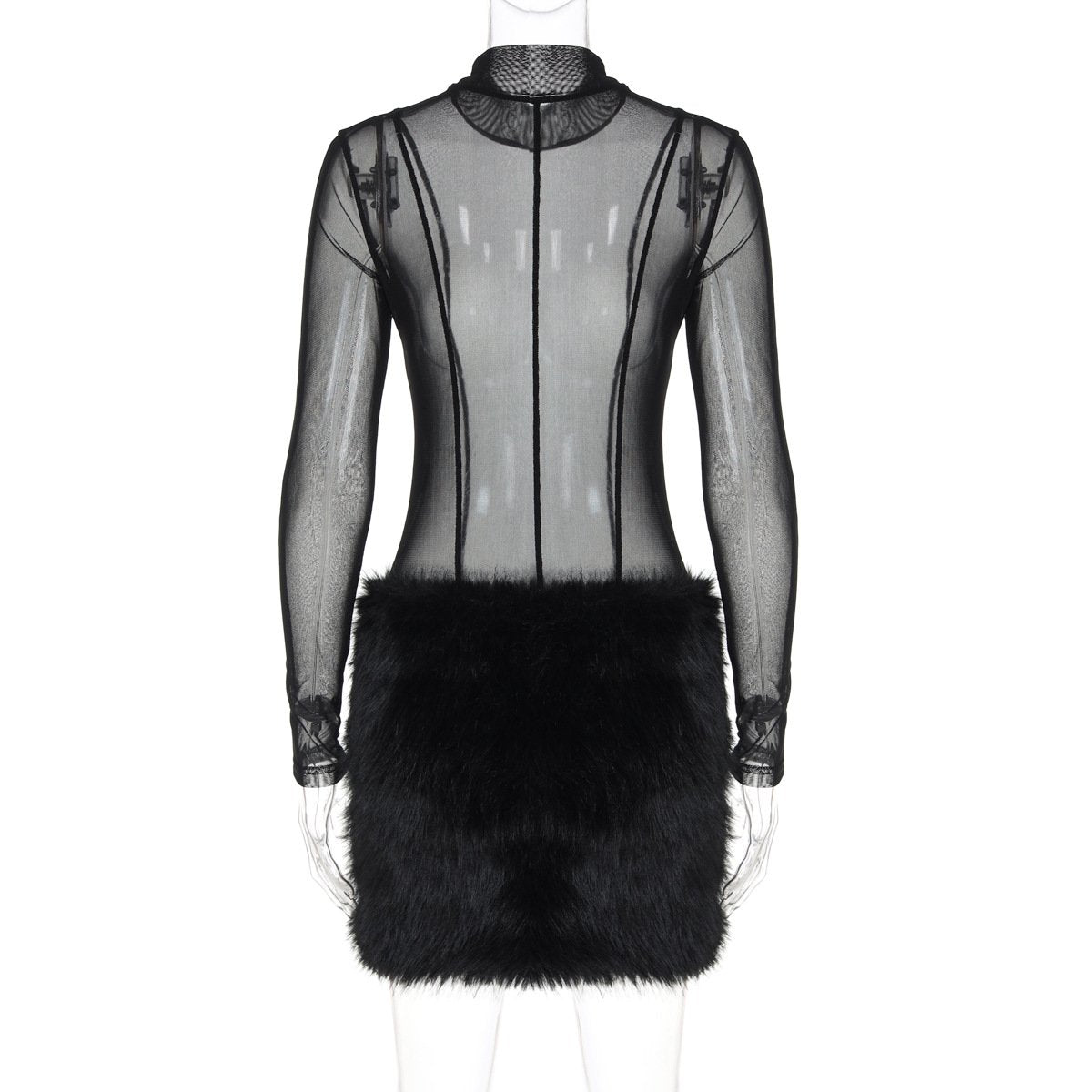 acelimosf™-Long sleeve high neck mesh fluffy mini skirt set