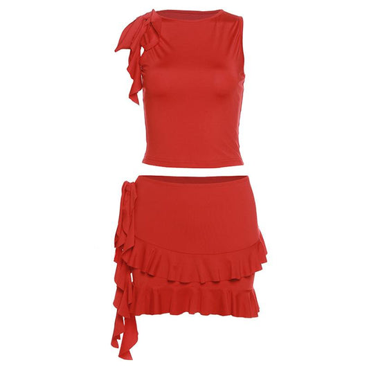 acelimosf™-Crewneck ruffle solid self tie mini skirt set