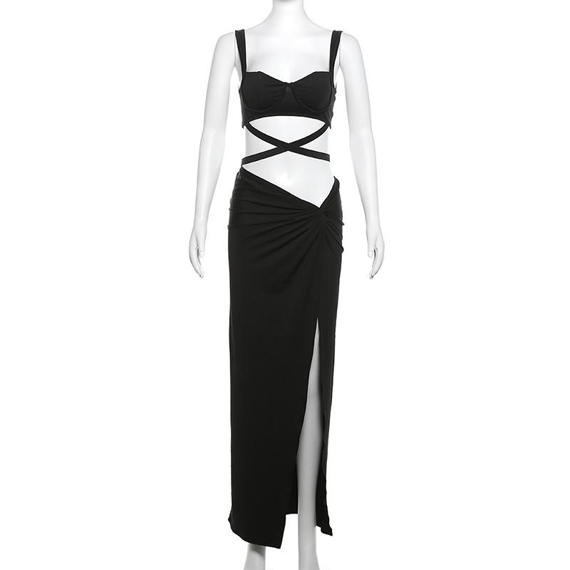 acelimosf™-Sweetheart neck cross front ruched high slit cami maxi skirt set