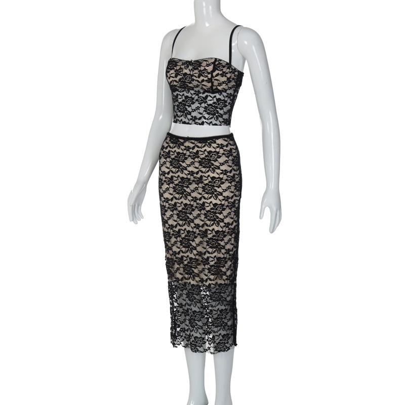 acelimosf™-Lace contrast button backless square neck cami midi skirt set