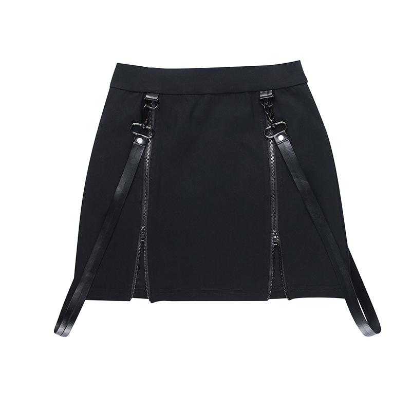 acelimosf™-Solid zip-up ribbon medium rise mini skirt y2k 90s Revival Techno Fashion