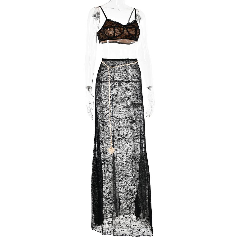 acelimosf™-Lace see through v neck contrast cami maxi skirt set