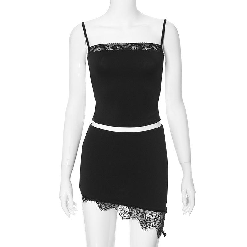 acelimosf™-Lace hem backless irregular solid cami mini skirt set