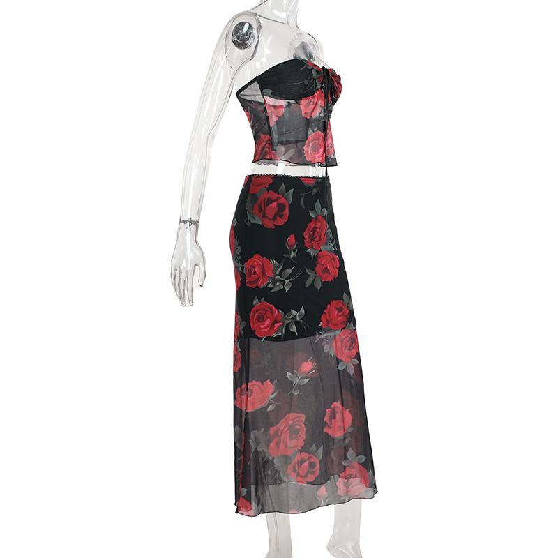 acelimosf™-Sweetheart neck rose print mesh ruffle midi skirt set