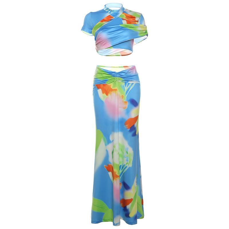 acelimosf™-Short sleeve ruched contrast print maxi skirt set