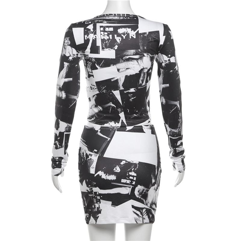 acelimosf™-Long sleeve print crewneck mini skirt set