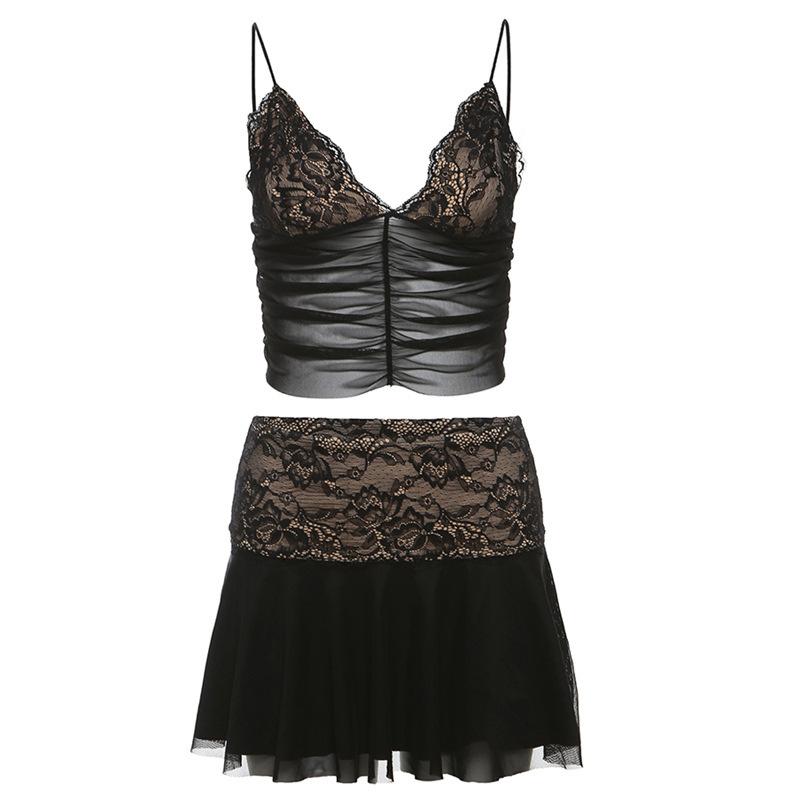 acelimosf™-Lace v neck ruched mesh patchwork cami mini skirt set