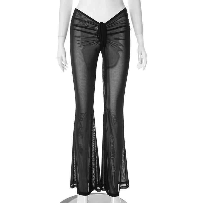 acelimosf™-Ruched self tie low rise sheer mesh see through flared pant