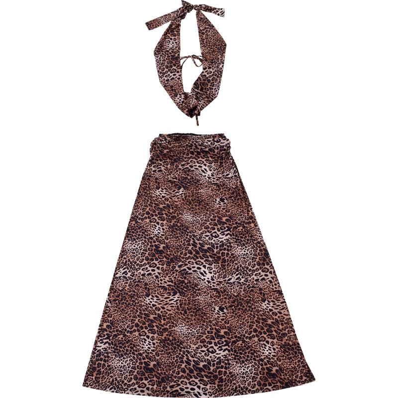 acelimosf™-Halter deep v neck leopard print maxi skirt set