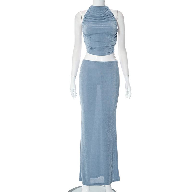 acelimosf™-Halter solid backless self tie ruched maxi skirt set