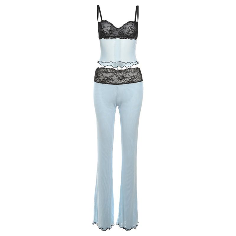 acelimosf™-Lace mesh ruffle sweetheart neck cami pant set