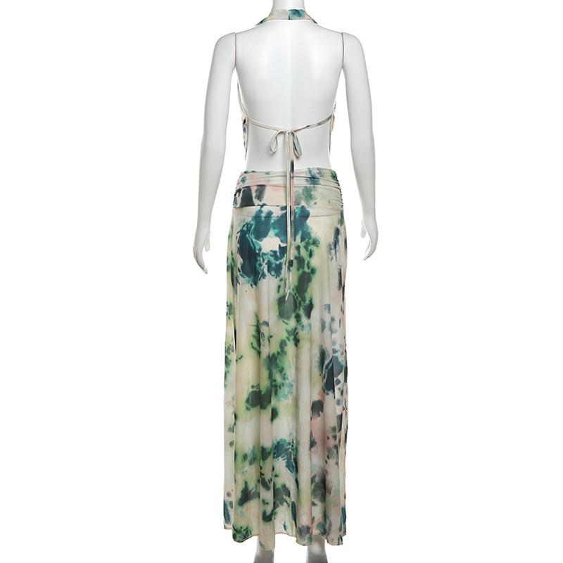 acelimosf™-Halter cowl neck print ruched backless maxi skirt set