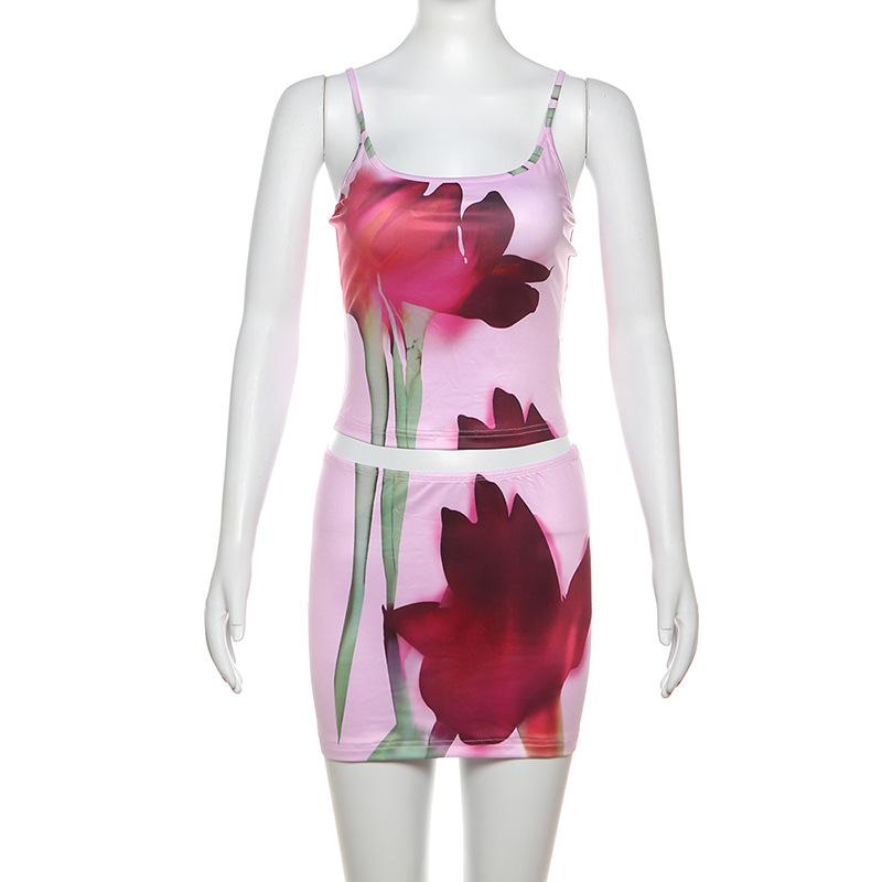 acelimosf™-U neck flower print cami mini skirt set