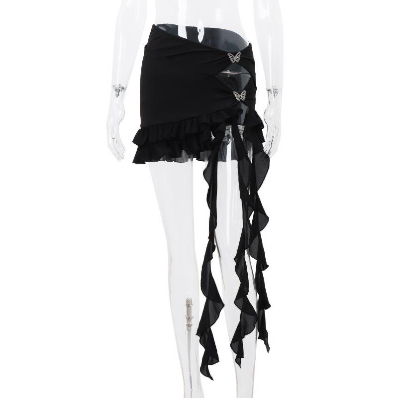 acelimosf™-Irregular hollow out ribbon butterfly applique solid ruffle mini skirt goth Emo Darkwave Fashion