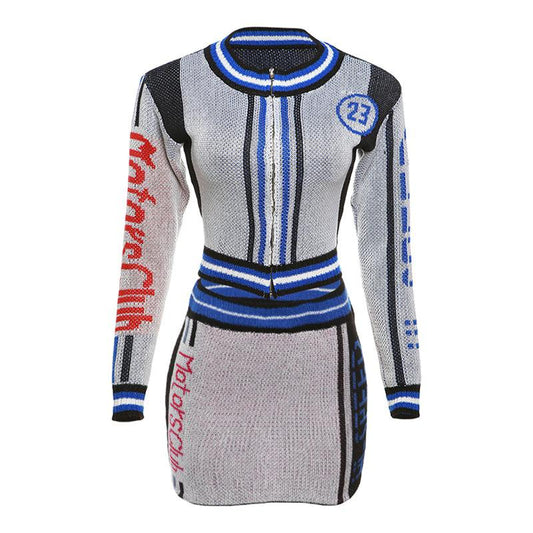 acelimosf™-Knitted long sleeve contrast zip-up mini skirt set