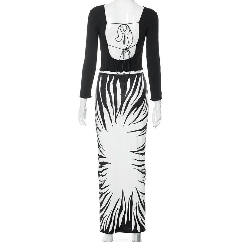 acelimosf™-Abstract long sleeve contrast backless self tie maxi skirt set cyberpunk Sci-Fi Fashion