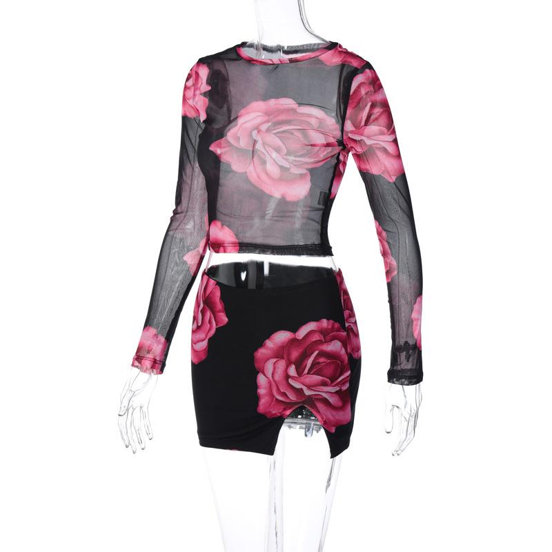 acelimosf™-Mesh see through flower print long sleeve slit mini skirt set