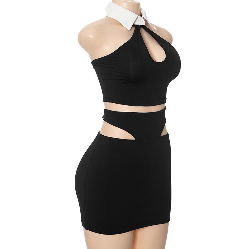 acelimosf™-Halter turnover collar hollow out mini skirt set