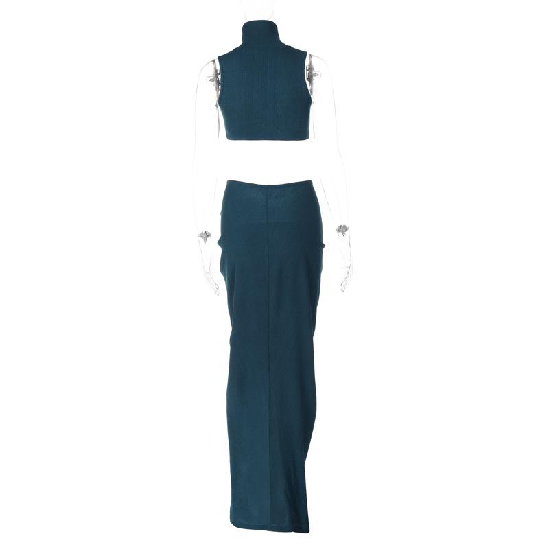 acelimosf™-Slit textured sleeveless high neck ruched solid maxi skirt set