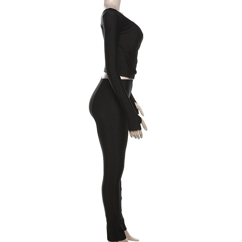 acelimosf™-Gloves solid v neck long sleeve ruched pant set