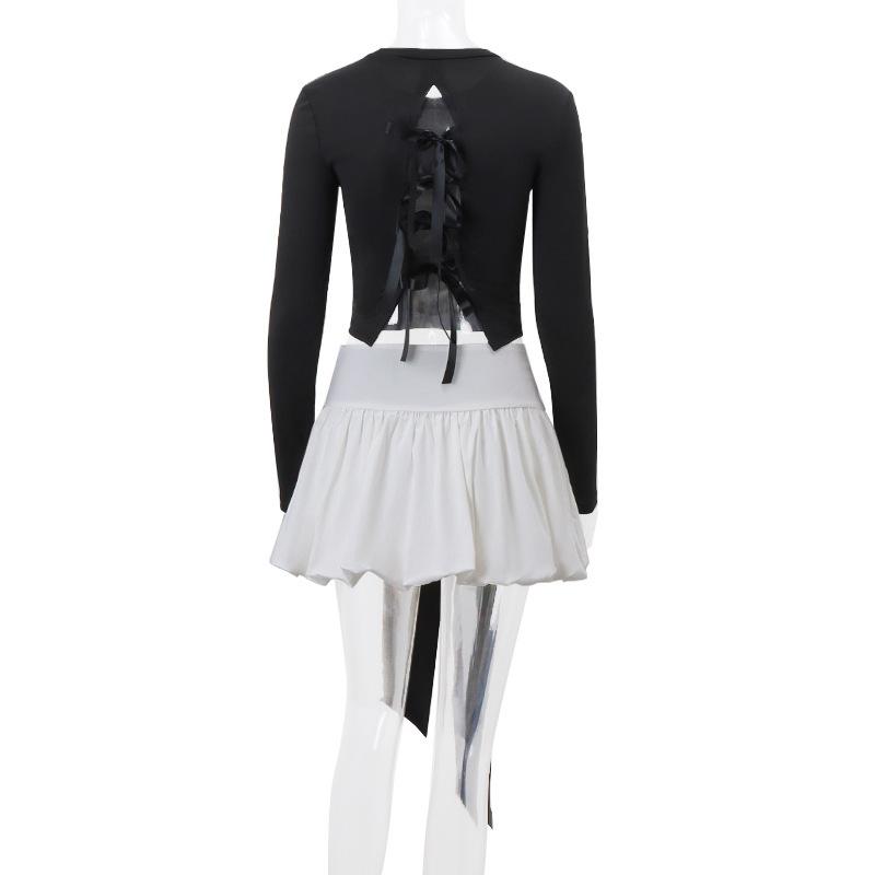 acelimosf™-Long sleeve crewneck bowknot lace up ribbon ruched mini skirt set