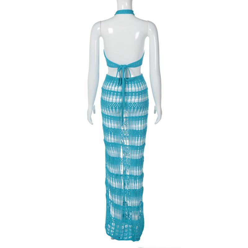 acelimosf™-Crochet cross front hollow out backless halter slit maxi skirt set