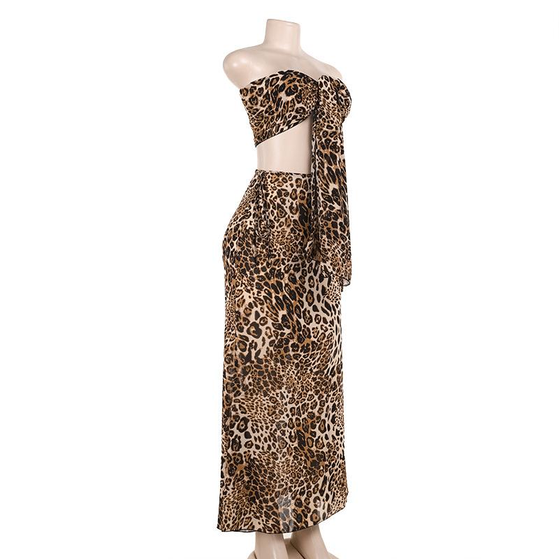 acelimosf™-Leopard print knotted self tie tube maxi skirt set