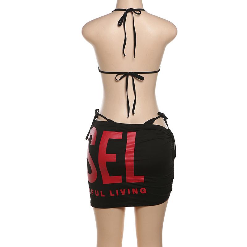 acelimosf™-Letter print halter self tie ruched drawstring mini skirt set