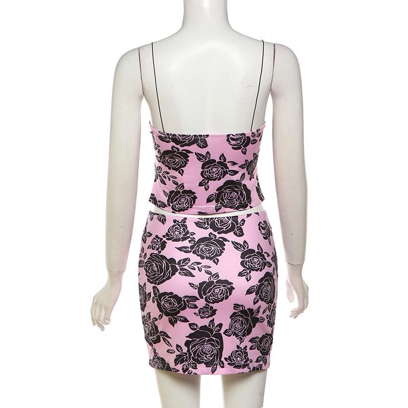 acelimosf™-Bowknot rose print lace hem mini skirt set