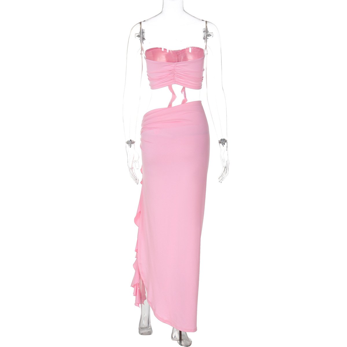 acelimosf™-Flower applique ruffle high slit ruched tube skirt set