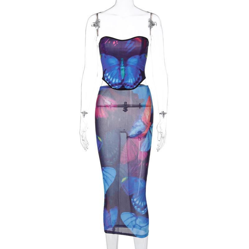 acelimosf™-Sheer mesh see through butterfly pattern lace up midi skirt set