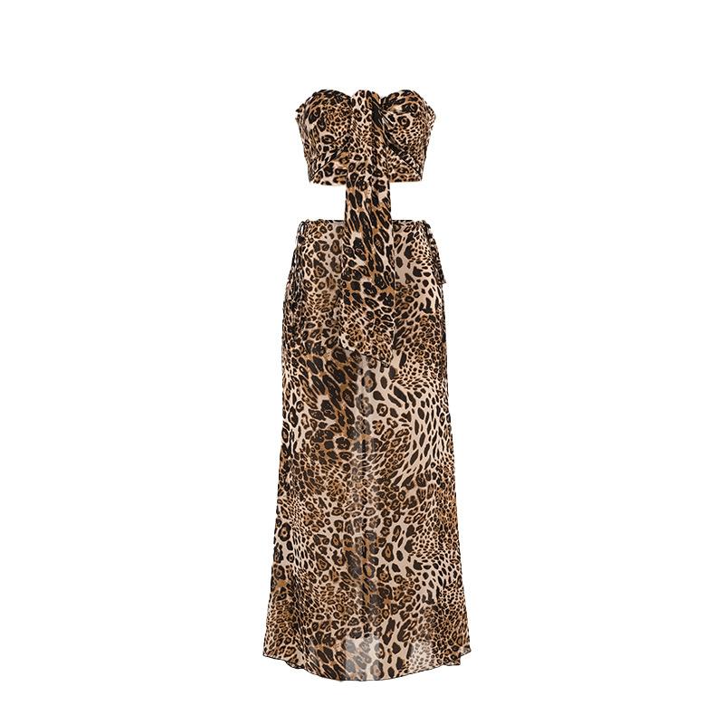 acelimosf™-Leopard print knotted self tie tube maxi skirt set