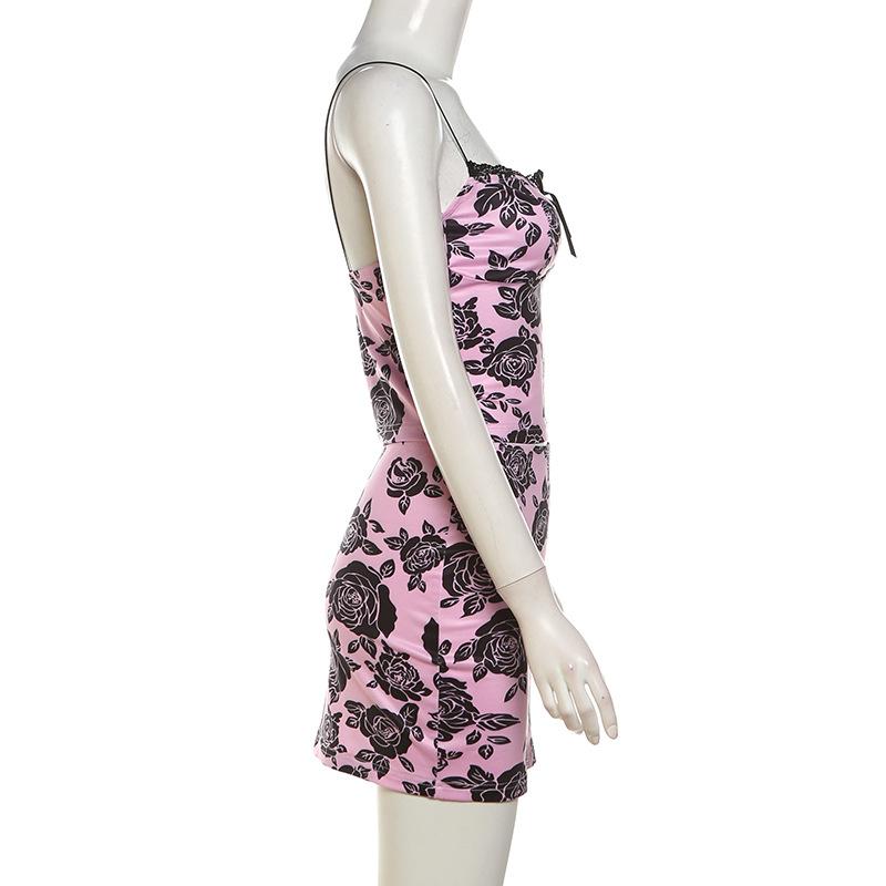 acelimosf™-Bowknot rose print lace hem mini skirt set