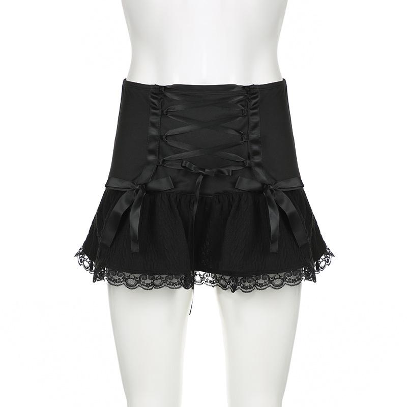 acelimosf™-Lace up ruched lace hem solid bowknot low rise mini skirt