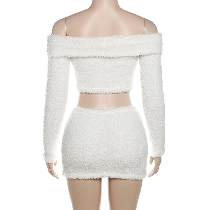 acelimosf™-Fluffy solid off shoulder long sleeve mini skirt set