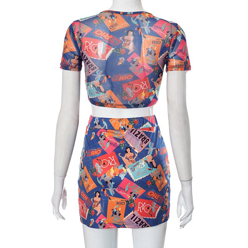 acelimosf™-Abstract print mesh short sleeve crewneck contrast mini skirt set cyberpunk Sci-Fi Fashion