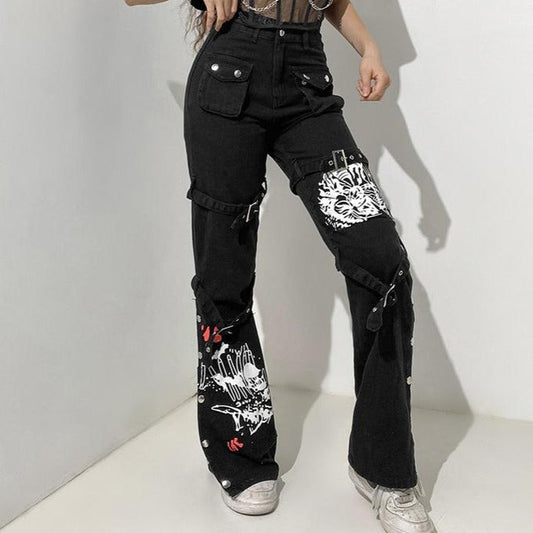 acelimosf™-Button contrast abstract pattern cargo pocket high rise jeans goth Alternative Darkwave Fashion goth Emo Darkwave Fashion